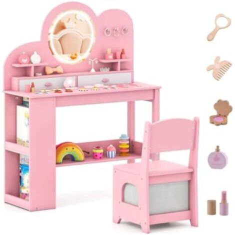 COSTWAY Toeletta per Bambini con Luci, Set Tavolo da Trucco Principessa e Sedia con 2 Cassetti e Libreria a 2 Ripiani, 3 Ganci e 2 Mensole Aperte per Bambini da 3+ Anni (Rosa)