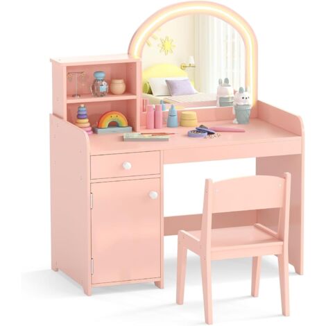 COSTWAY Toeletta Trucco 2 in 1 per Bambina, Specchiera， Ripiani e Luci LED, Rosa Chiaro