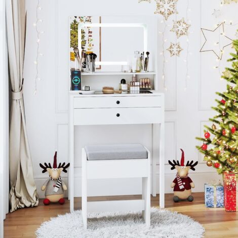 COSTWAY Toeletta Trucco con Luci LED e Sgabello Imbottito, Specchiera con Stazione di Ricarica e Luminosità Regolabile, Set Consolle Trucco con Piano in Vetro Temperato e 2 Cassetti (Bianco)