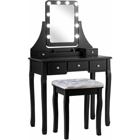 COSTWAY Toeletta Trucco con Specchio Girevole a 360° e 10 Luci LED, Postazione Trucco con Sgabello Imbottito, 5 Cassetti e Organizzatori, Tavolo da Trucco Moderno, 136x80x40cm, Nero
