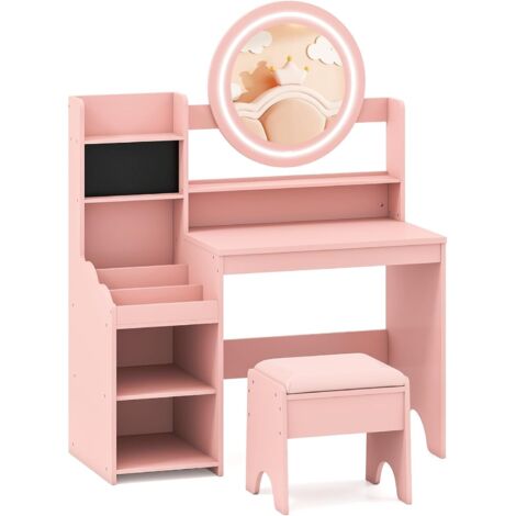 COSTWAY Toeletta Trucco per Bambina con Sgabello, Set Tavolo Trucco in Legno con Specchio Luci LED, Scaffale Aperta, Spazi per Annelli e Sgabello Imbottito, Mobile da Principessa per 3+ Anni (Rosa)
