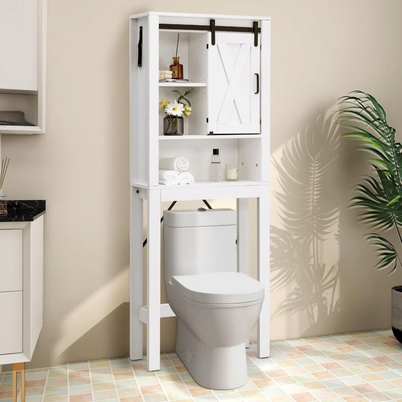 Costway - Meuble wc au-Dessus de Toilettes en Bois 3 Étagères avec Porte Coulissante pour Salle de Bain, 68 x 22 x 171 cm