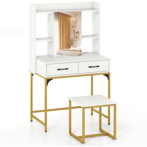 COSTWAY Toletta da Trucco con Specchio, Set Tavolo e Sgabello da Trucco con Stazione di Ricarica, Cassetti, Ripiani Aperti e Armadio, Consolle Toeletta con Sgabello, 80 x 50 x 138 cm (Bianco)