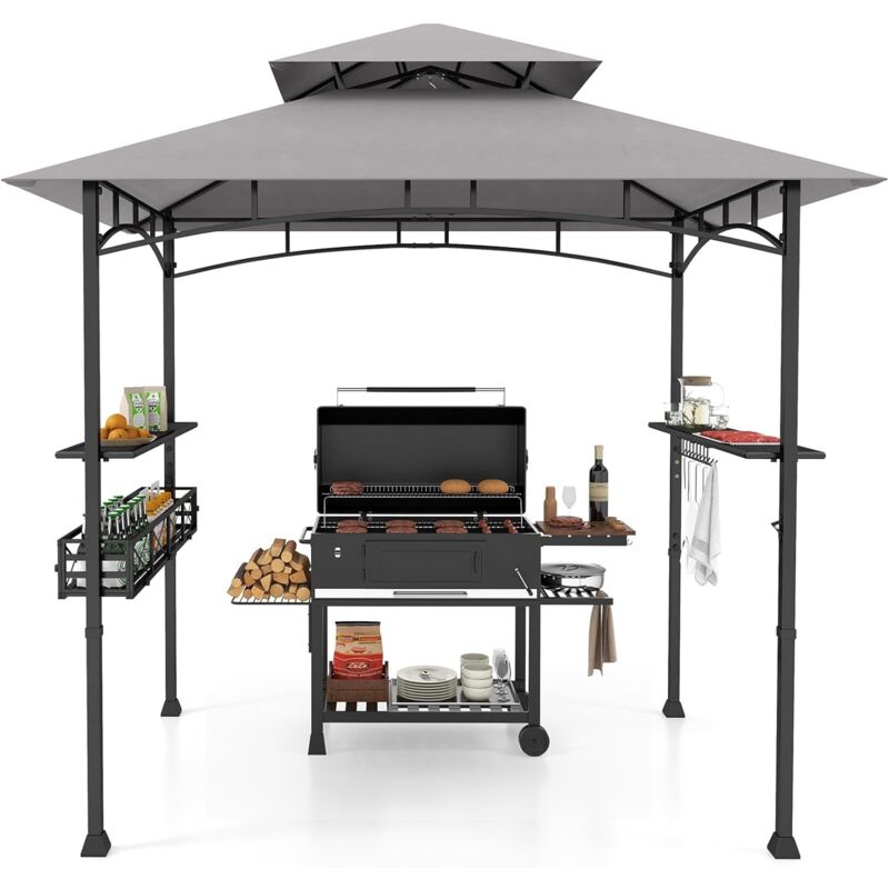 Tonnelle de Barbecue 242 x 153 cm avec 2 Etagères Latérales, Abri Barbecue Cadre en Métal avec Panier de Rangement Crochets de Suspension Décapsuleur