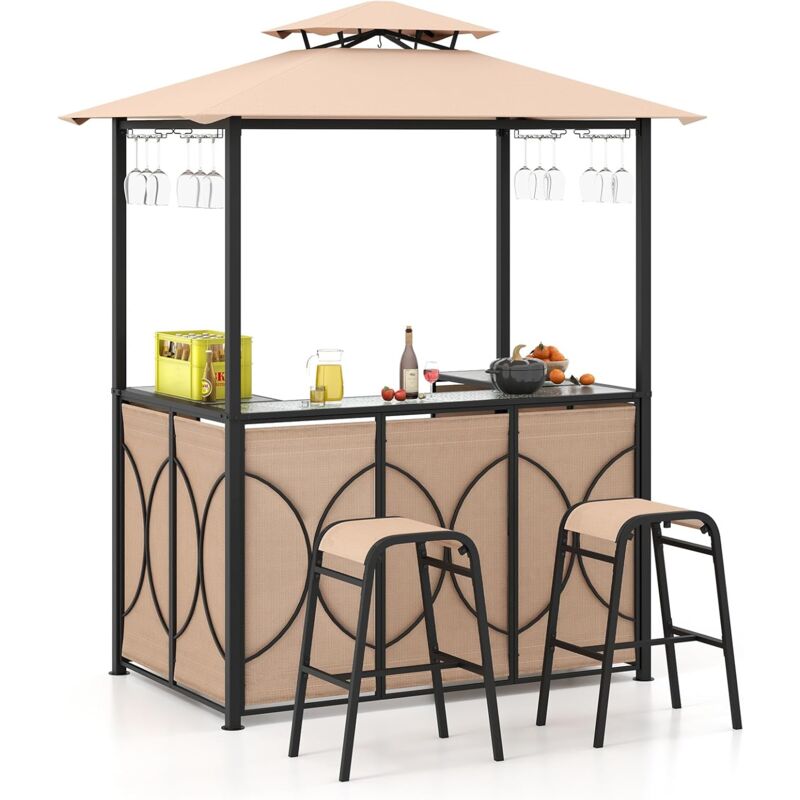 Tonnelle de Barbecue 3 Pcs avec 2 Tabourets de Bar, Abri Barbecue avec Plateau en Verre Trempé Étagères en Métal Auvent à Double Toit, pour Jardin