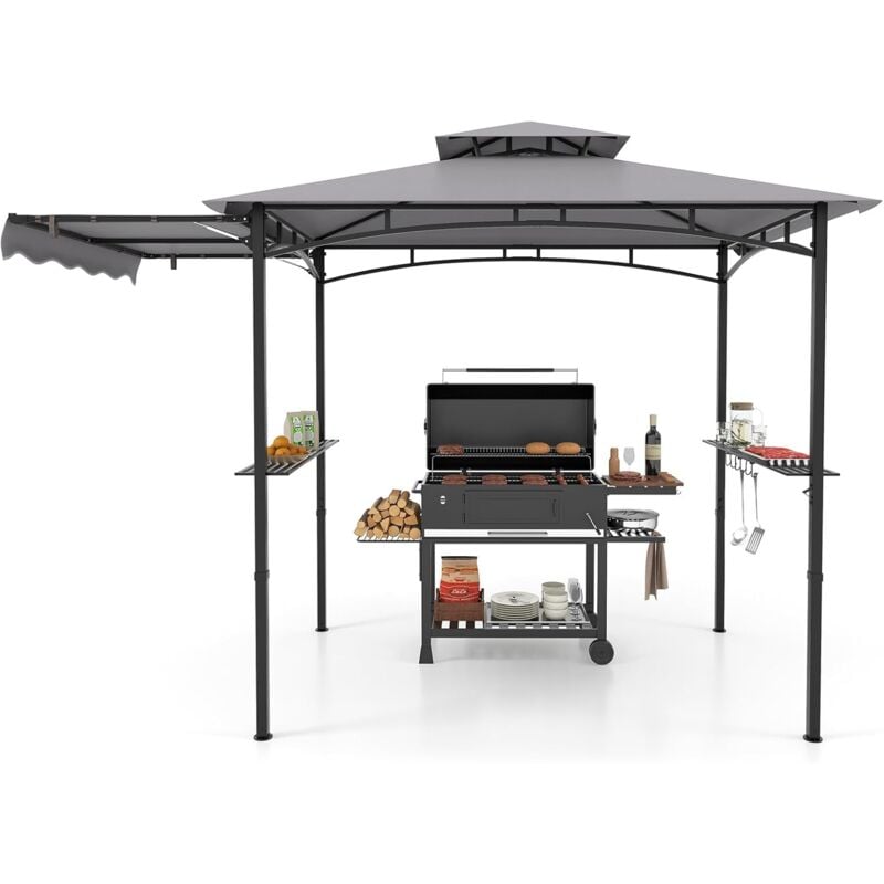COSTWAY Tonnelle de Barbecue 318 x 153 cm avec Auvent Latéral, Abri Barbecue Cadre en Métal avec Dessus à 2 Niveaux 2 Etagères Latérales Crochets de