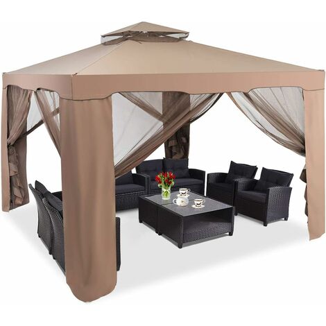 Costway – Tonnelle de jardin 3 x 3M avec double toit et moustiquaire – Structure en acier – Résistante aux intempéries – Couleur brun/beige