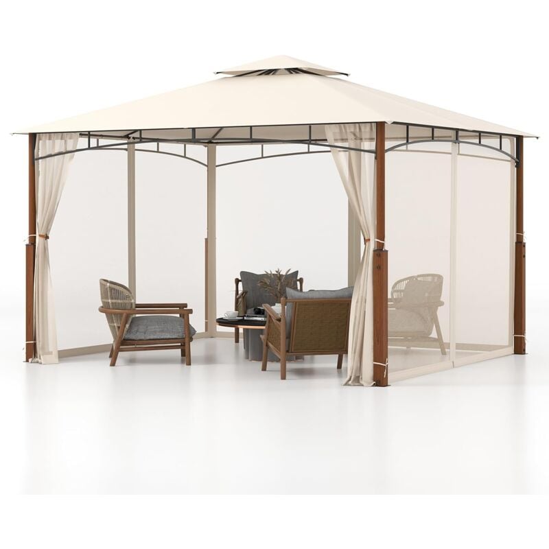 Tonnelle de Jardin 360 x 300 cm avec Moustiquaire, Pavillon de Patio Extérieur avec Toit à 2 Niveaux Cadre Métallique, Tente Gazebo à Toit