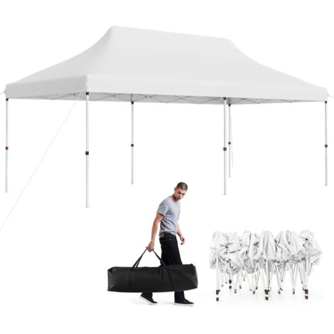 COSTWAY Tonnelle de Jardin Escamotable Pliable 300x600CM, Tente de Fête Imperméable Protection Solaire 3 Hauteurs 296/306/316 cm avec Sac de Rangement, pour Marché Patio Camping(Blanc 3 x 6 m)