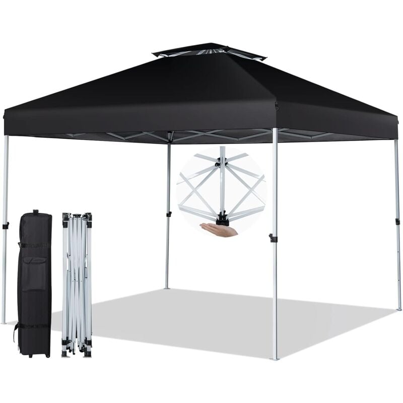 Tonnelle de Jardin Instantanée 305x305cm Toit Double Ventilé, Tente de Jardin Anti-UV Imperméable à 3 Hauteurs 217/246/275CM avec Sac à roulettes