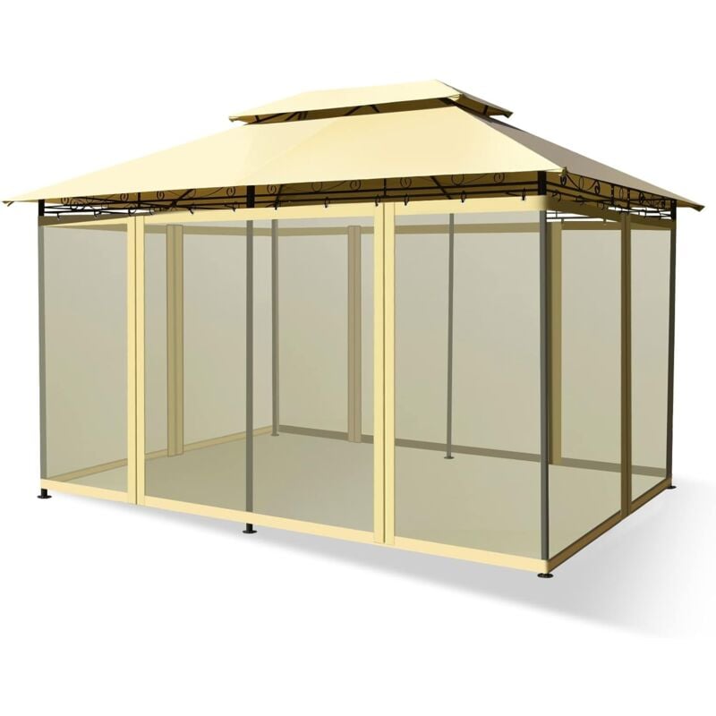 Tonnelle de Jardin Pergola 3,9 x 2,9 x 2,7 m Moustiquaires Amovibles 6 Parois Structure Acier Auvent Tissu Polyester Beige - Costway