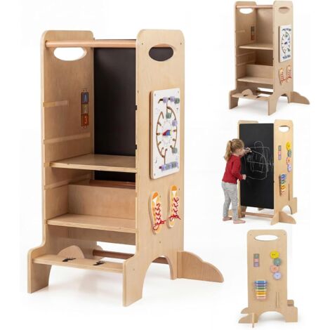 COSTWAY Torre Montessoriana in Legno Bambini, 3 Altezze Regolabili con Lavagna, per Cucina