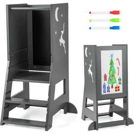 COSTWAY Torre per Bambini 2 in 1, Sgabello da Cucina per Bambini con 3 Penne, Lavagna Bianca e Nera, Piattaforma e Gradino Regolabili, per Bambini da 1 a 7 Anni, Capacità di Carico 70 kg (Grigio)