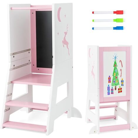 COSTWAY Torre per Bambini 2 in 1, Sgabello da Cucina per Bambini con Lavagna, Piattaforma e Gradino Regolabili, per Bambini da 1 a 7 Anni, Capacità di Carico 70 kg (Rosa)