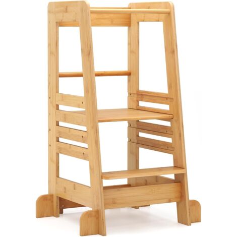 COSTWAY Torre per Bambini, Sgabello da Cucina per Bambini in Bambù, con Altezza Regolabile a 4 Livelli, Protezioni di Sicurezza e Piedini Antiribaltamento, per Bambini da 18+ Mesi