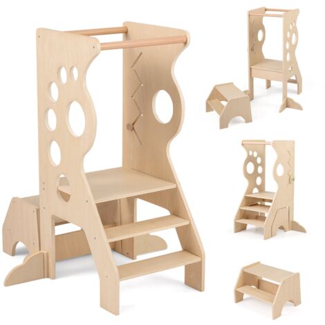 COSTWAY Torretta Montessoriana 2 in 1 in Legno, Barre di Sicurezza e Sgabello,per 3+ Anni