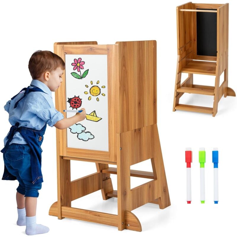 Tour d'apprentissage Enfant avec Hauteur Réglable & Tableau, Tour d'Observation Montessori en Bois avec Rail de Sécurité & Pieds Anti-Bascule, Charge