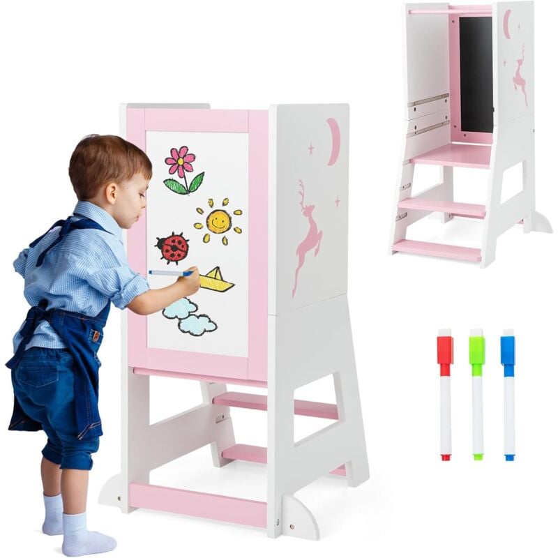 COSTWAY Tour d'apprentissage Enfant avec Hauteur Réglable & Tableau, Tour d'Observation Montessori en Bois avec Rail de Sécurité & Pieds