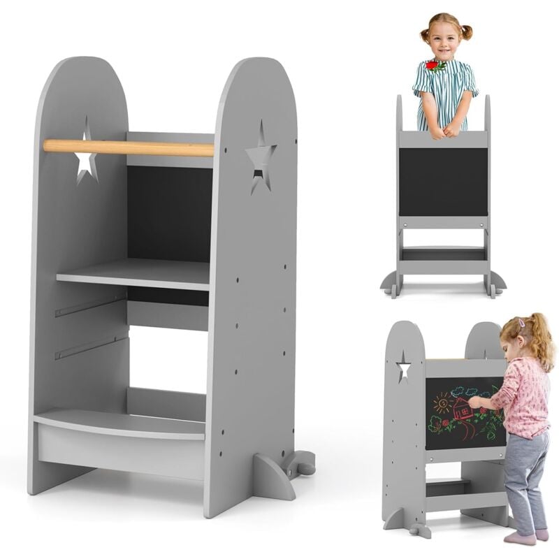 Tour d'apprentissage Enfant avec Tableau Noir & Hauteur Réglable, Tour d'observation Montessori en Bois avec Rail de Sécurité & Pieds Anti-Bascule,