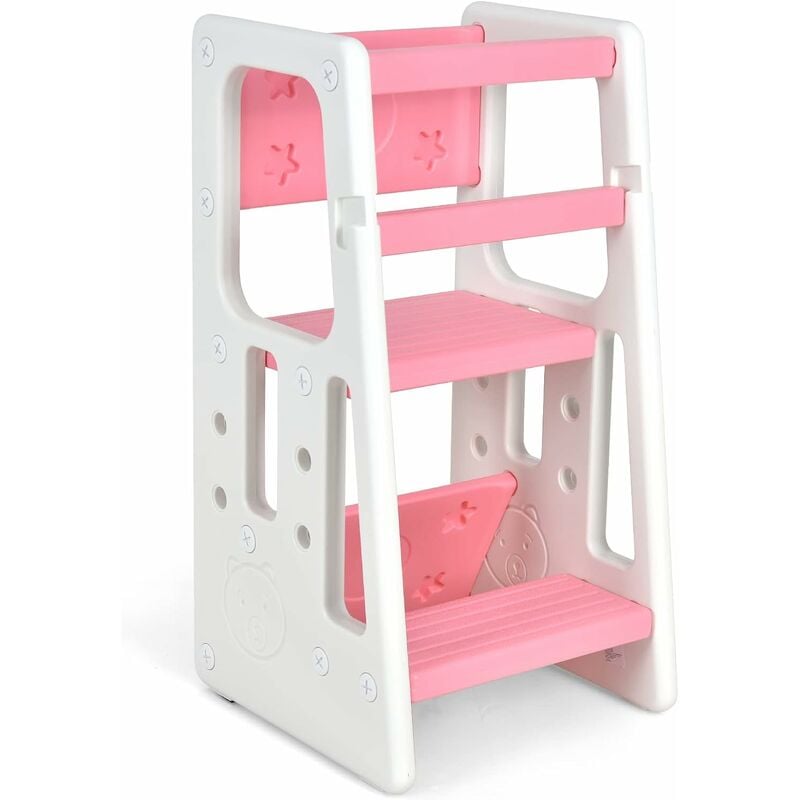 Costway - Tour d'Apprentissage pour Tout-Petits 3 Hauteurs Réglables et Repose-pieds Antidérapants hdpe Double Rails de Sécurité Rose