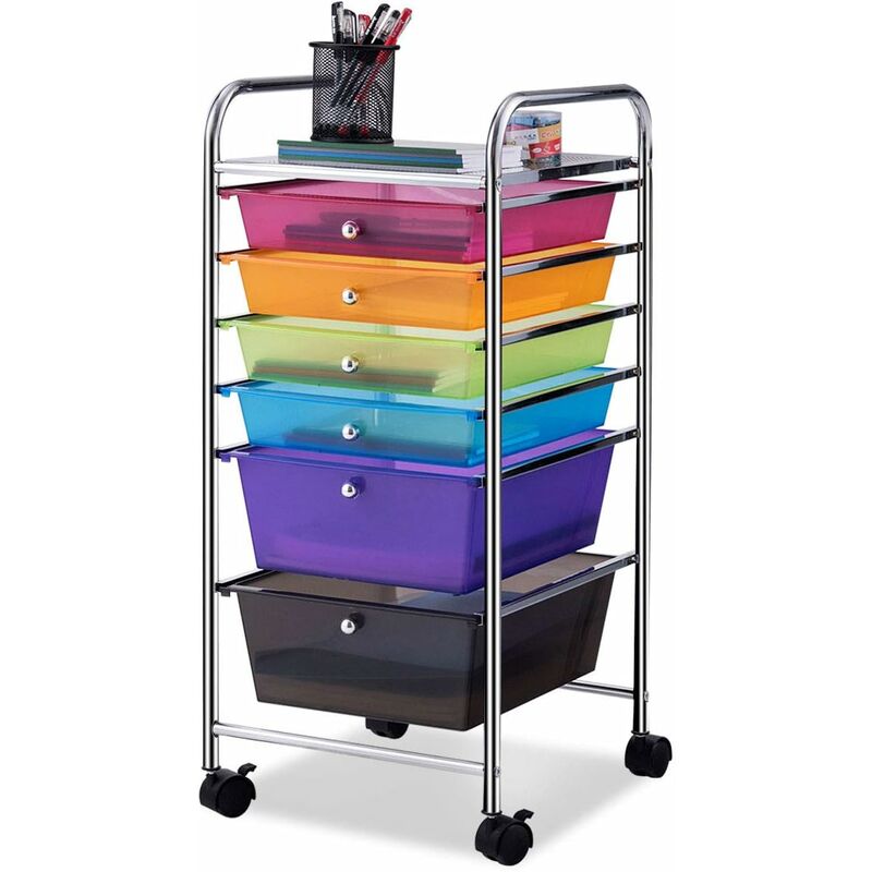 Chariot de Rangement à Roulettes avec 6 Tiroirs Plastiques, Tour de Rangement, Cadre en Métal, Desserte à Roulettes pour Bureau, Salon, Cuisine,