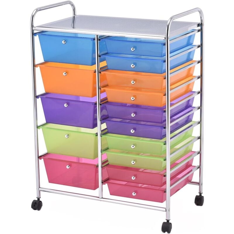 Tour de Rangement Chariot de Rangement avec 15 Tiroirs Empilables Amovibles avec Roulettes pour bureau 63 x 37 x 87 cm Multi Couleur - Costway