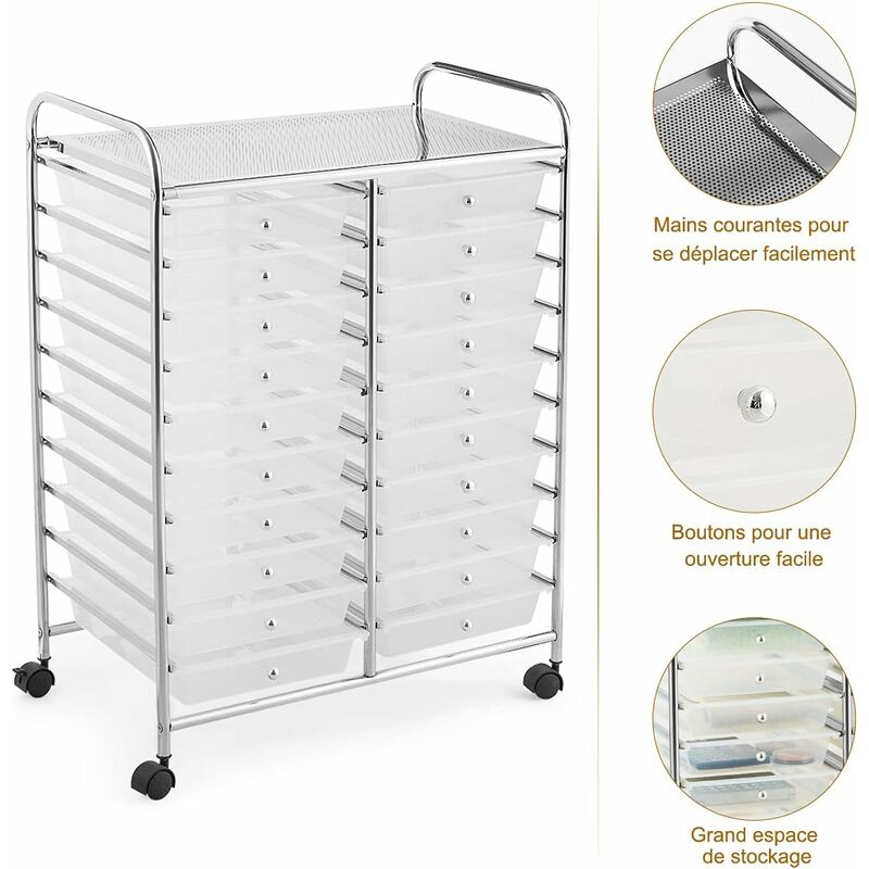 Costway - Tour de Rangement sur Roulettes avec 20 Tiroirs 64 x 39 x 88 cm Chariot de Rangement pour Bureau, Salon, Coiffure Clair
