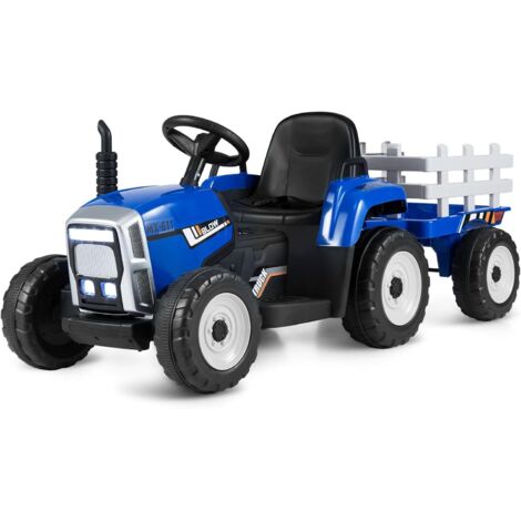 COSTWAY Tracteur avec Remorque Electrique pour Enfants 12 V avec Télécommande 2,4G - 3 Vitesses avec Eclairage LED, Musique, Klaxon, Fonctions Audio USB et Bluetooth (Bleu)