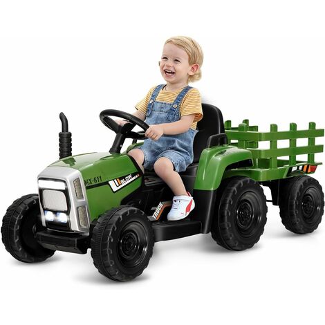 COSTWAY Tracteur avec Remorque Electrique pour Enfants 12 V avec Télécommande 2,4G - 3 Vitesses avec Eclairage LED, Musique, Klaxon, Fonctions Audio USB et Bluetooth (Vert Foncé)