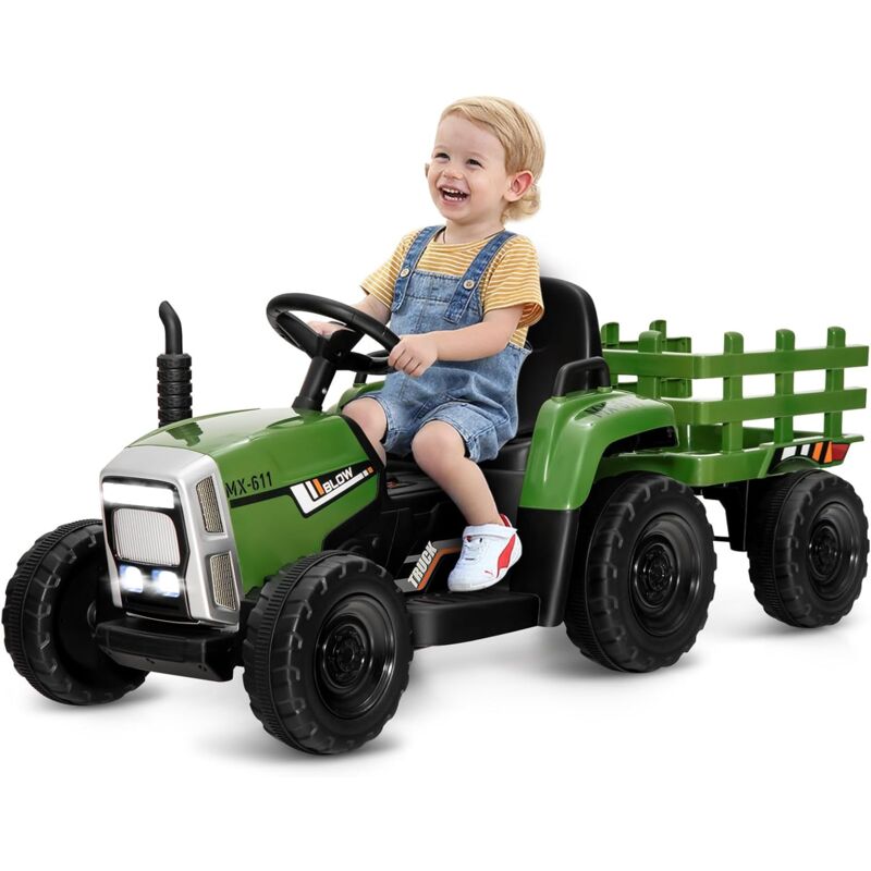 Tracteur avec Remorque Electrique pour Enfants 12 v avec Télécommande 2,4G - 3 Vitesses avec Eclairage led, Musique, Klaxon, Fonctions Audio usb et