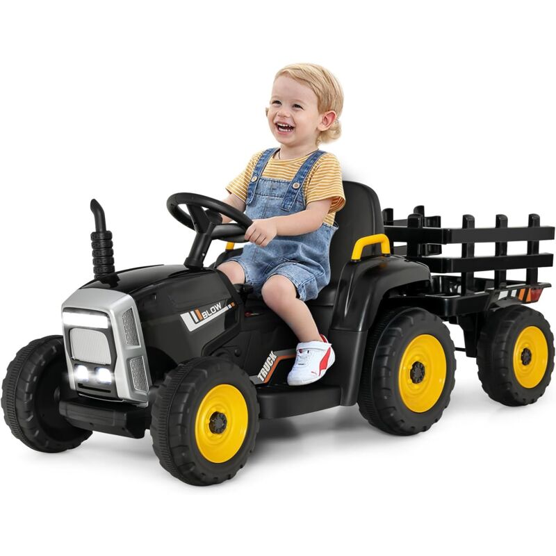 Tracteur avec Remorque Electrique pour Enfants 12 v avec Télécommande 2,4G - 3 Vitesses avec Eclairage led, Musique, Klaxon, Fonctions Audio usb et