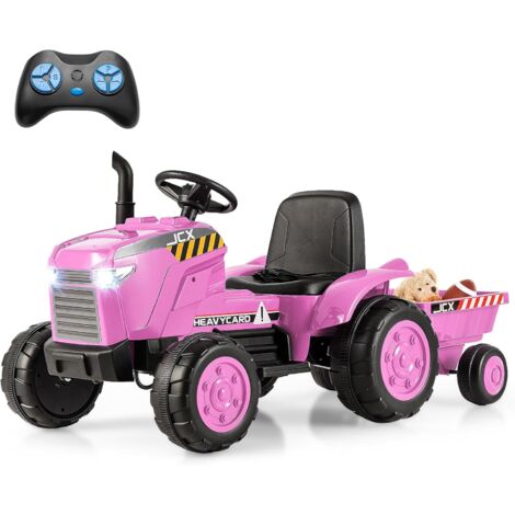 COSTWAY Tractor Electrico para Niños 12V,Coche Eléctrico para Niños 2 en 1 con Remolque y Control Remoto,Conexión Inalámbrica, Luces,Bocina, Suspensiones de Resorte para Niños de 3-8 Años (Rosa)
