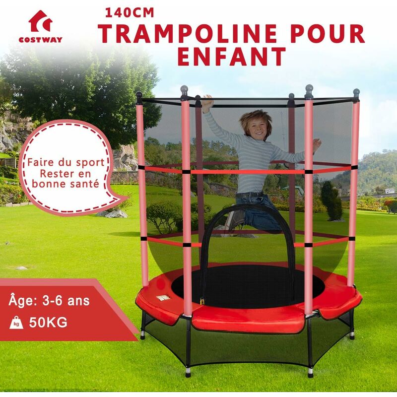 Trampoline de Jardin Enfant 140cm de Diamètre avec Filet de Sécurité Rouge Trampoline Juvénile Charge Max. 50KG pour 3-6Ans - Costway