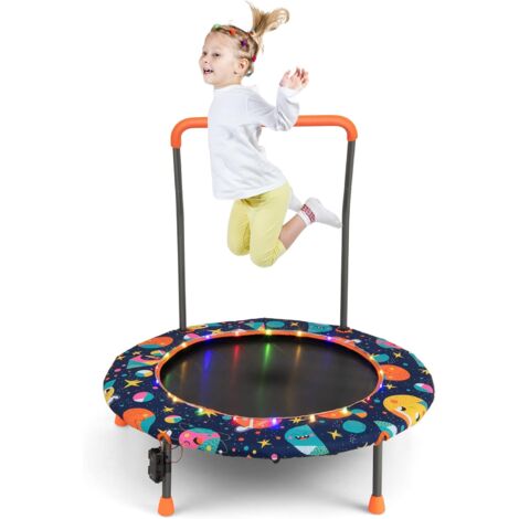 COSTWAY Trampoline Enfant Ø92CM avec 21 Lumières LED & Poignée Amovible, Mini Trampoline Exterieur Enfant avec Motif d'Astronaute & Tapis Antidérapant pour Enfant de 3-6 Ans