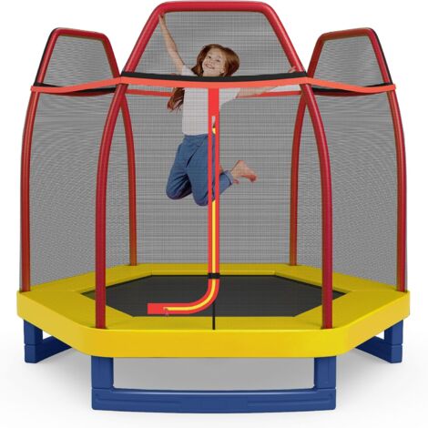 COSTWAY Trampoline Extérieur Ø 223cm Enfants avec Filet de Sécurité, Trampoline de Jardin Rond avec 6 Poteaux Recouvert de Mousse, Tapis de Saut, Charge150KG pour 2-3 Enfants de 3 Ans+ (Rouge+Jaune)