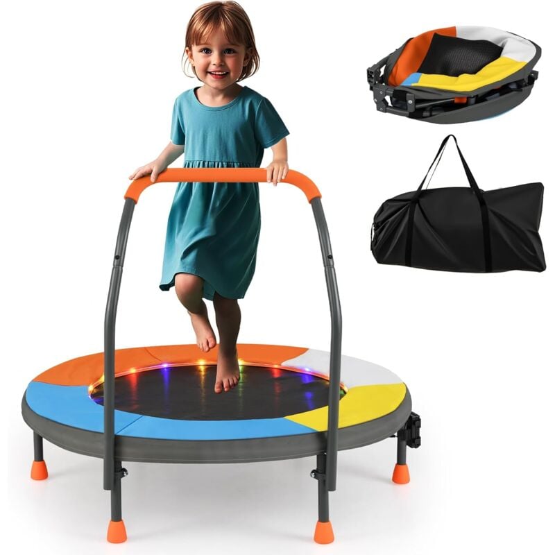 Trampoline Exterieur Enfant Ø90 cm avec 20 Lumières led, Poignée en Mousse, Mini Trampoline Pliable Interieur Exterieur, Patins Antidérapants, 330D