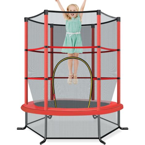 COSTWAY Trampoline Extérieur Enfants Ø165 CM avec Filet de Sécurité, Trampoline Enfants avec Cadre en Acier & 6 Poteaux Recouvert de Mousse, Charge Max 135kg pour Garçon et Fille (Rouge)