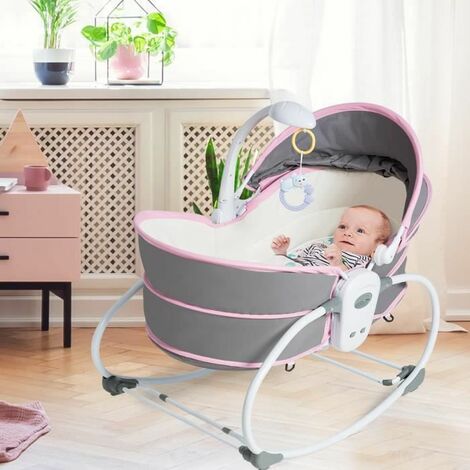 Costway Transat Bebe 5 En 1 Lit Berceau Portable Avec Boite Vibrante Musical Auvent Amovible Brriere Et Dossier Ajustables Pour 0 3ans Rose 0479pi