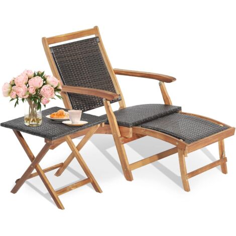 Costway – Transat en rotin et bois d'acacia FSC – Repose-pied rétractable – Accoudoirs ergonomiques – Charge 160kg – Table d'appoint carrée pliable