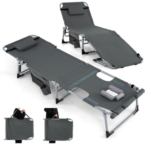 Costway – Transat pliant en aluminium avec dossier réglable – Tissu Oxford respirant – Charge 180 kg – Oreiller amovible et poche latérale – Gris