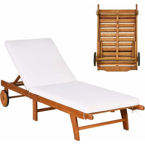 Costway – Transat pliant en bois d'eucalyptus – Dossier réglable 6 positions – Coussin épais – Charge max 160 kg – Roues pour transport facile