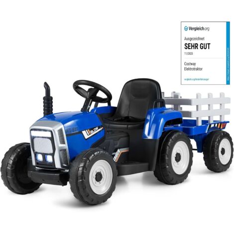 COSTWAY Trattore con Rimorchio Cavalcabile per Bambini 12V, Trattore Elettrico Telecomandato, con Luci e Suoni, 30kg, 3+ Anni (Blu)