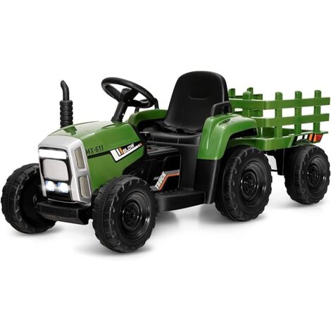 COSTWAY Trattore con Rimorchio Cavalcabile per Bambini 12V, Trattore Elettrico Telecomandato, con Luci e Suoni, 30kg, 3+ Anni (Verde Scuro)