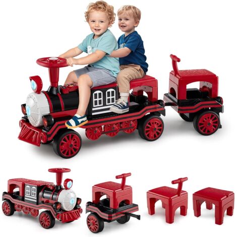 COSTWAY Trenino Elettrico Cavalcabile per Bambini, 12V Macchina Elettrica a 3 Posti con Locomotiva e Vagone Rimovibili, Treno con Luci LED, Clacson e Musica, per Bambini 3-8 Anni (Rosso)