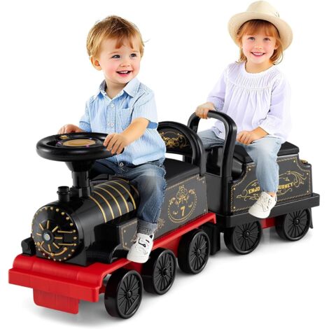 COSTWAY Trenino Elettrico con Vagone, 6V Giocattolo Elettrico a Batteria con Contenitore, Poggiapiedi Estraibili, Musica e Luci LED, Auto Elettrica per Bambini 18+ Mesi
