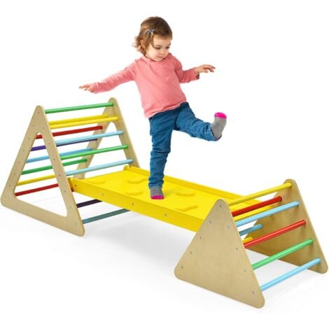 COSTWAY Triangle d'Escalade 3-en-1 pour Enfants avec 2 Échelles Triangle, Rampe Réversible pour Grimper et Glisser, en Bois Naturel
