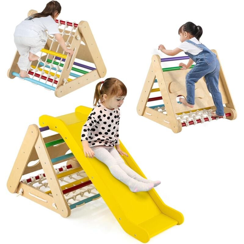 COSTWAY 4 en 1 Triangle d'escalade Enfant avec Toboggan, Echelle d'escalade en Bois avec Filet, Inclinaison Réglable, Intérieur Extérieur, Charge