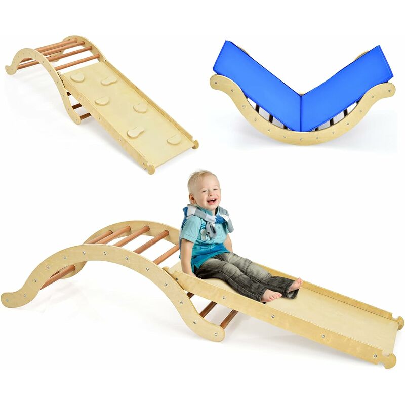Triangle d'Escalade Foldable 4 en 1 pour Enfants avec Rampe Réversible pour Grimper et Glisser en Bois Naturel - Costway