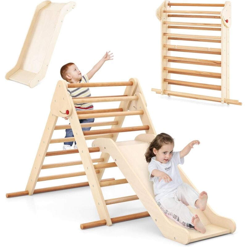 Triangle d'escalade Montessori Enfant avec Toboggan, Échelle d'Escalade Pliable en Bois avec Structure Stable, Charge 50KG, Aire de Jeux d'Escalade