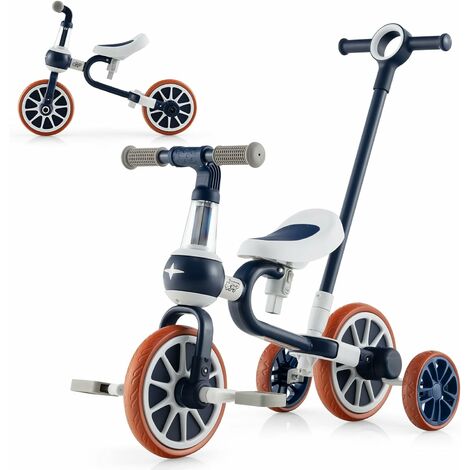 COSTWAY Tricycle Evolutif 5-en-1 avec Putter pour Enfants 2-4 Ans, Pédale et Roue Arrière Amovible, Siège et Poignée Réglables Bleu